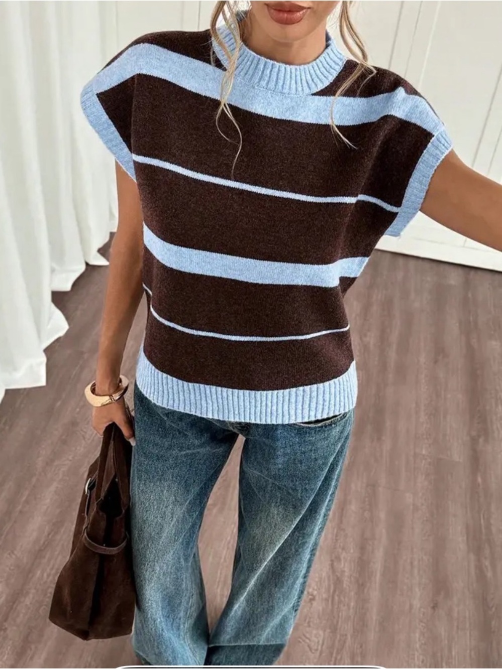 Striped Short-Sleeve Crewneck Sweater - Brown & Light Blue - Picture 3 of 7